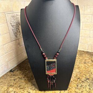 Necklace Boho Beaded Abacus Red Black Square Pendant Long‎ String